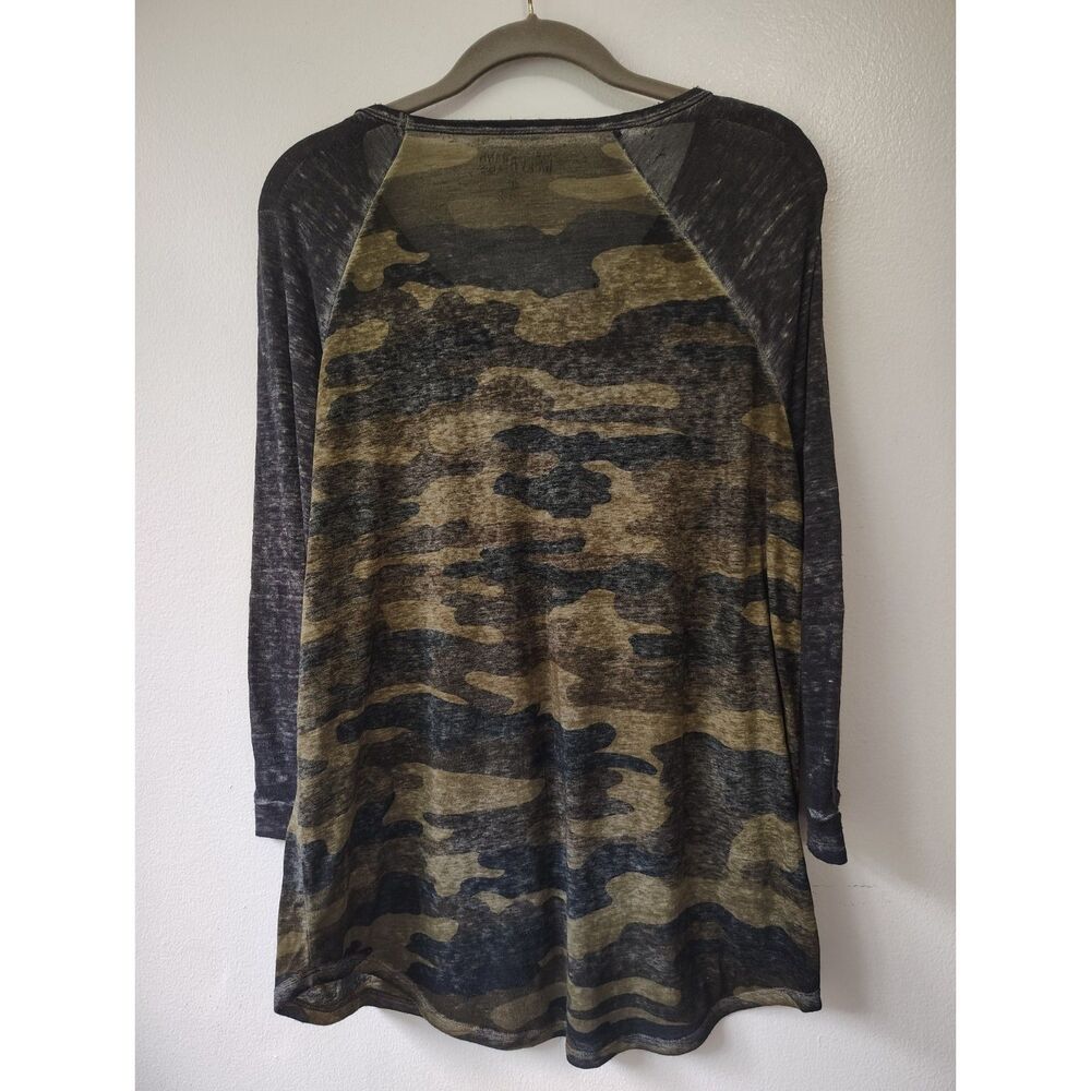 Lucky Brand Camo Raglan Top Large Green Black Burnout 3/4 Sleeve Casual Boho - Picture 5 of 6